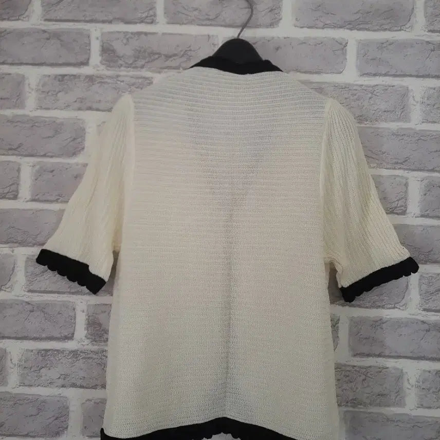 [BUNJANG] Nittpia Ivory Black Trim Short Sleeve Cardigan / 니트피아 블랙배색 아이보리 반팔가디건/알뜰한여우