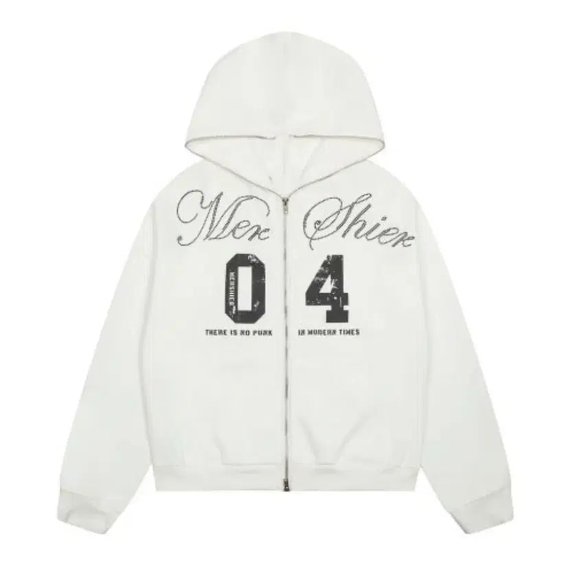 [BUNJANG] Ably Rhinestone Oversized White Hoodie Zip-up / 에이블리 라인스톤 오버핏 화이트 후드집업