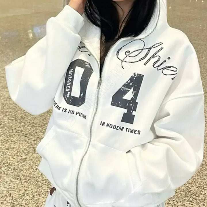 [BUNJANG] Ably Rhinestone Oversized White Hoodie Zip-up / 에이블리 라인스톤 오버핏 화이트 후드집업