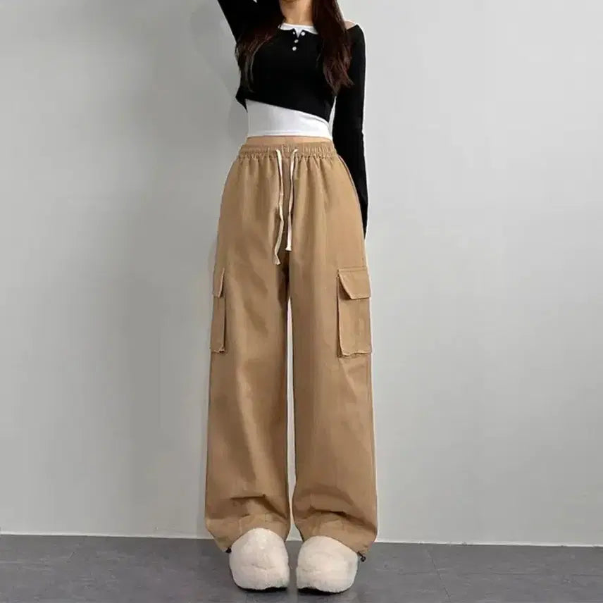 [BUNJANG] Loose Fit Cargo Wide Pants Beige L Short Length / 카고 와이드 스트링 루즈핏 팬츠 벌룬핏 베이지L 숏기장
