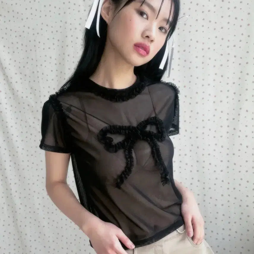 [BUNJANG] Nopiece Ribbon Mesh T-shirt Black / 노피셜노피스 리본 메쉬 티셔츠 블랙