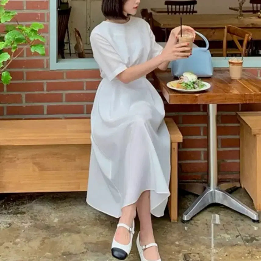 [BUNJANG] White Flare Long Dress for Self Wedding / 66-77 화이트 반팔 플레어 롱 원피스 셀프웨딩 브라이덜샤워 휴양지룩