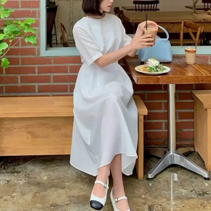 [BUNJANG] White Flare Long Dress for Self Wedding / 66-77 화이트 반팔 플레어 롱 원피스 셀프웨딩 브라이덜샤워 휴양지룩