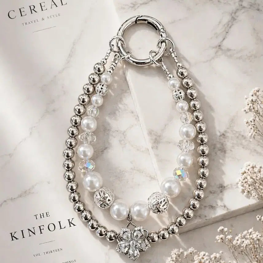 [BUNJANG] Handmade Pearl &amp; Silver Beaded Keyring / 핸드메이드 진주 &amp; 실버 비즈 키링
