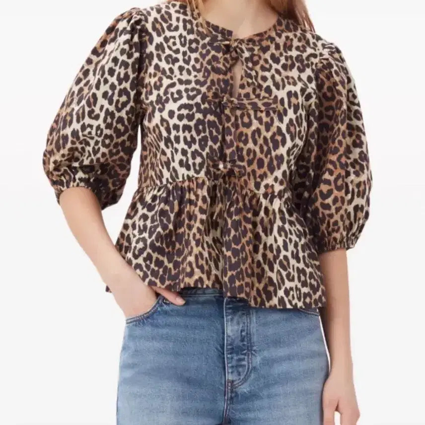 [BUNJANG] GANNI Leopard Poplin Peplum Blouse / GANNI 가니 레오파드 포플린 페플럼 블라우스 셔츠
