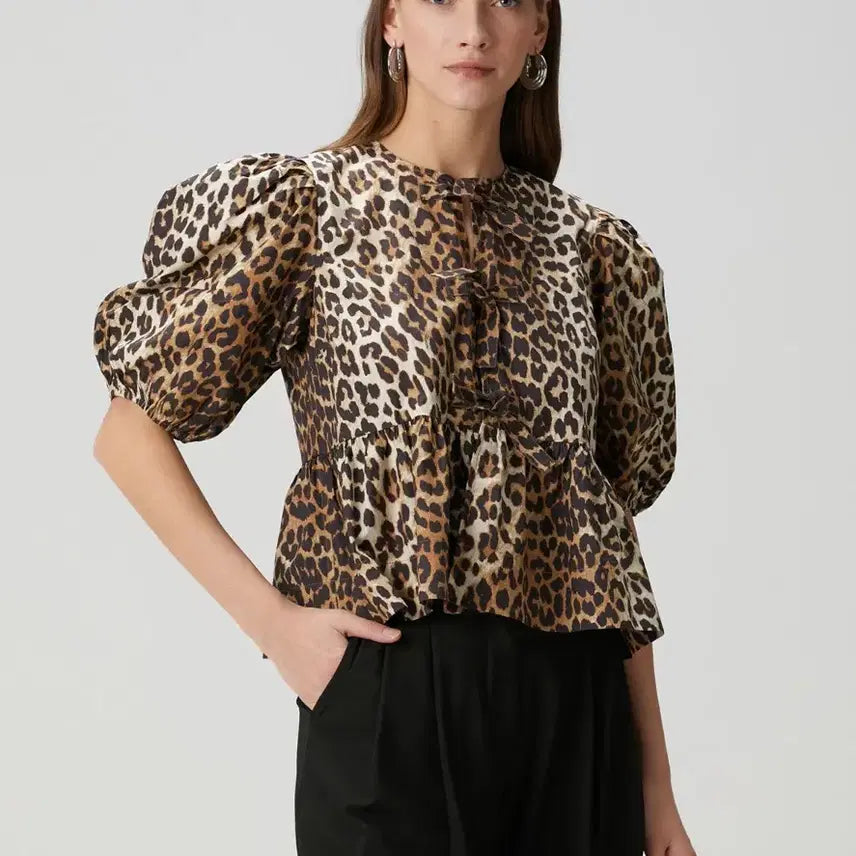 [BUNJANG] GANNI Leopard Poplin Peplum Blouse / GANNI 가니 레오파드 포플린 페플럼 블라우스 셔츠