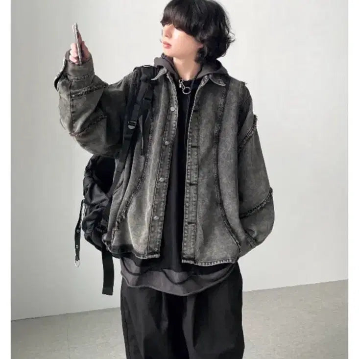 [BUNJANG] Yournus Capoeira Wave Denim Jacket - Black / 카포에라 웨이브 데님 자켓 블랙