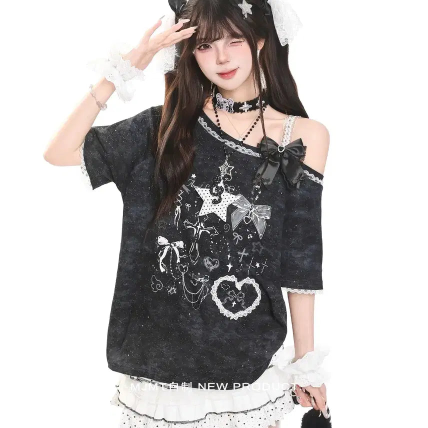[BUNJANG] MJMT Off-Shoulder Ribbon Short-Sleeve T-shirt / MJMT 서브컬쳐 오프숄더 리본 반팔 티셔츠