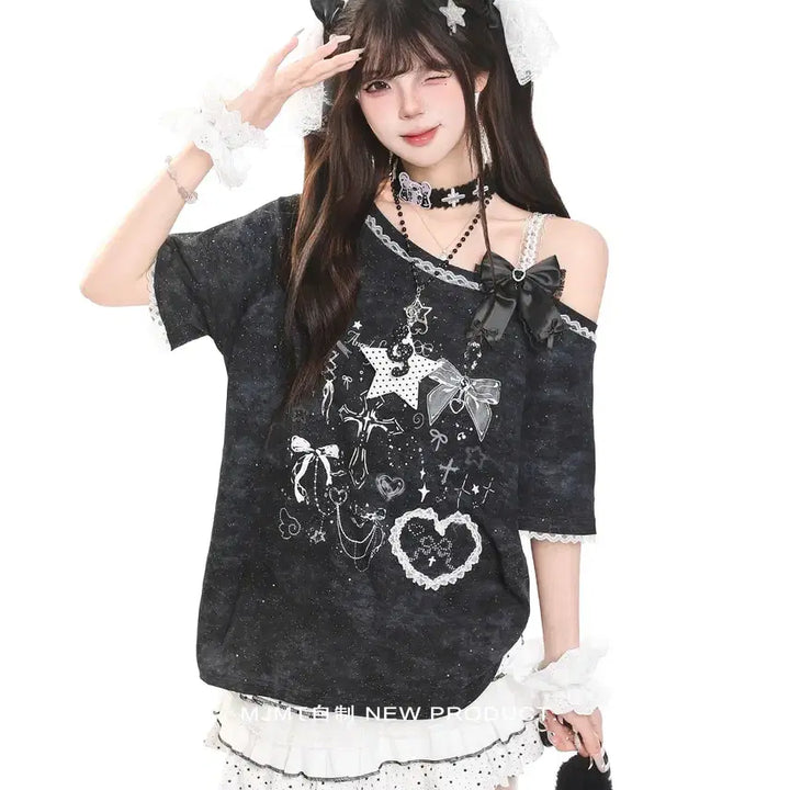 [BUNJANG] MJMT Off-Shoulder Ribbon Short-Sleeve T-shirt / MJMT 서브컬쳐 오프숄더 리본 반팔 티셔츠