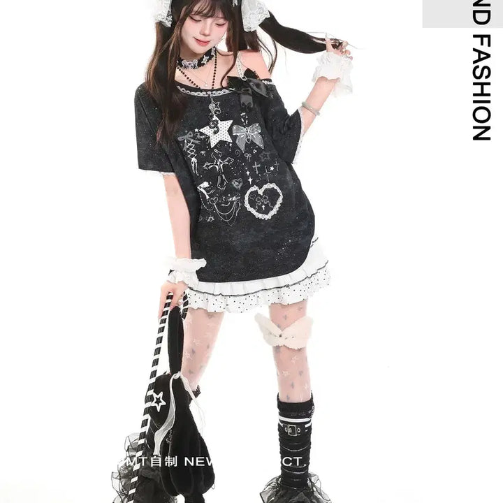 [BUNJANG] MJMT Off-Shoulder Ribbon Short-Sleeve T-shirt / MJMT 서브컬쳐 오프숄더 리본 반팔 티셔츠