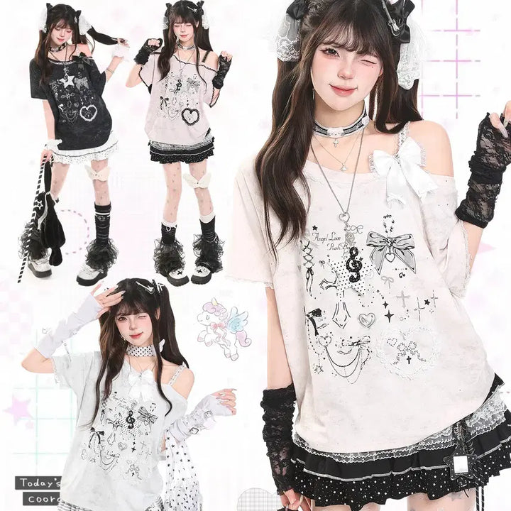 [BUNJANG] MJMT Off-Shoulder Ribbon Short-Sleeve T-shirt / MJMT 서브컬쳐 오프숄더 리본 반팔 티셔츠