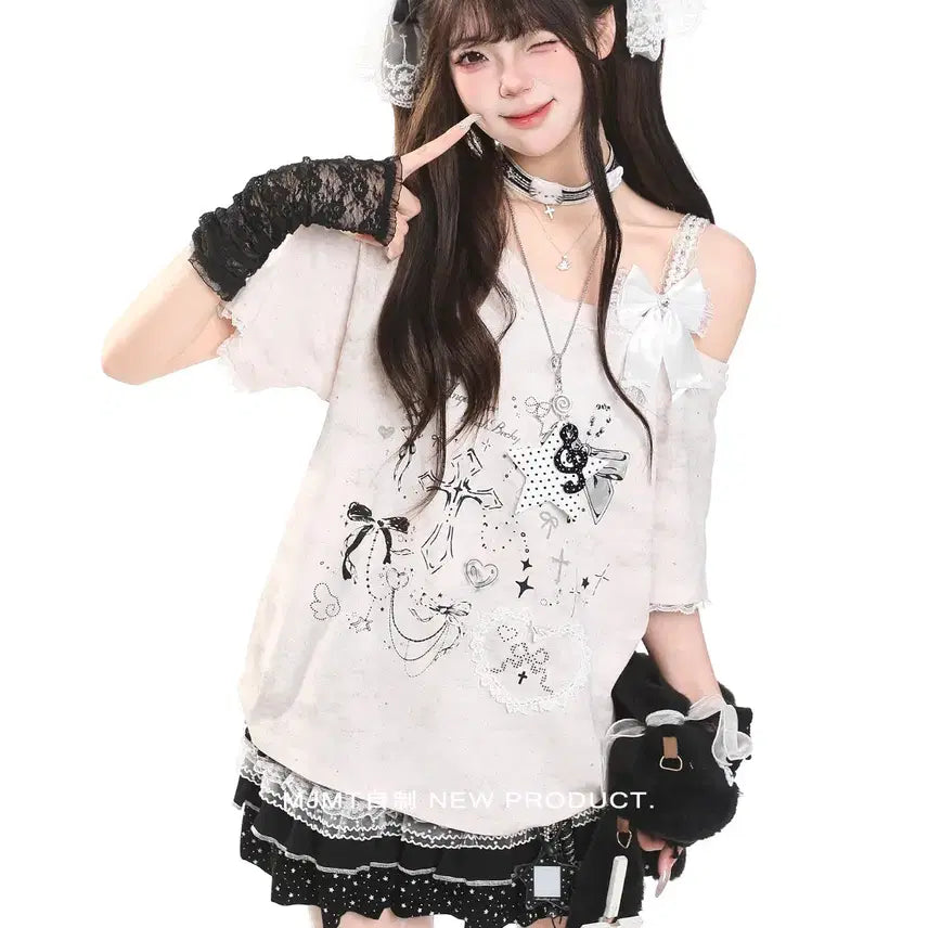[BUNJANG] MJMT Off-Shoulder Ribbon Short-Sleeve T-shirt / MJMT 서브컬쳐 오프숄더 리본 반팔 티셔츠