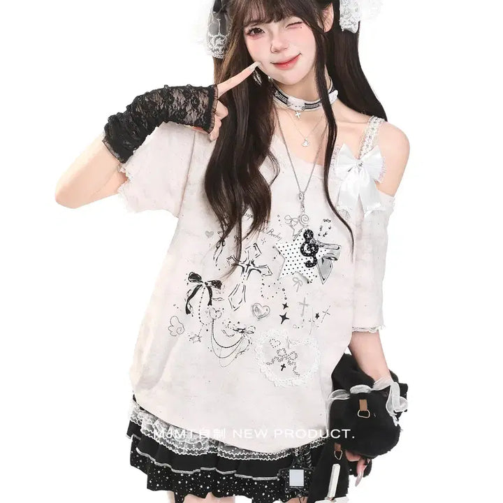 [BUNJANG] MJMT Off-Shoulder Ribbon Short-Sleeve T-shirt / MJMT 서브컬쳐 오프숄더 리본 반팔 티셔츠