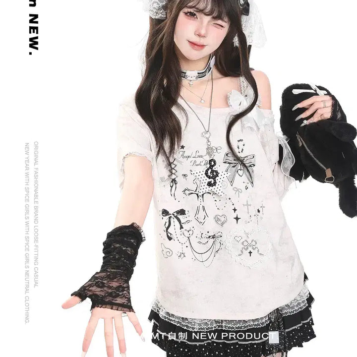 [BUNJANG] MJMT Off-Shoulder Ribbon Short-Sleeve T-shirt / MJMT 서브컬쳐 오프숄더 리본 반팔 티셔츠
