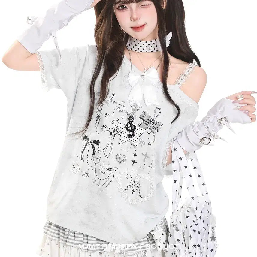 [BUNJANG] MJMT Off-Shoulder Ribbon Short-Sleeve T-shirt / MJMT 서브컬쳐 오프숄더 리본 반팔 티셔츠