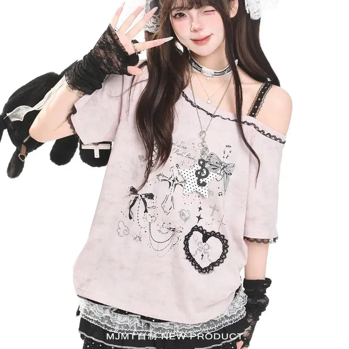[BUNJANG] MJMT Off-Shoulder Ribbon Short-Sleeve T-shirt / MJMT 서브컬쳐 오프숄더 리본 반팔 티셔츠