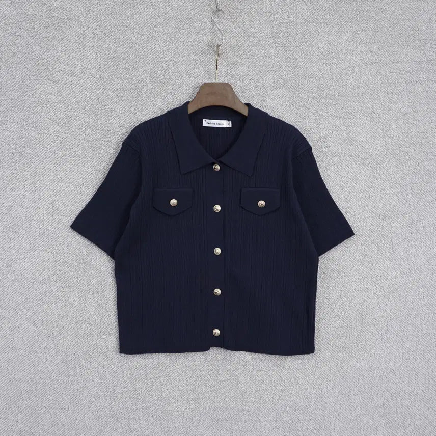 [BUNJANG] Fashion Classic Gold Button Ribbed Knit Top / 패션클래식 여성 골지 금장버튼 반팔 니트 66-77size