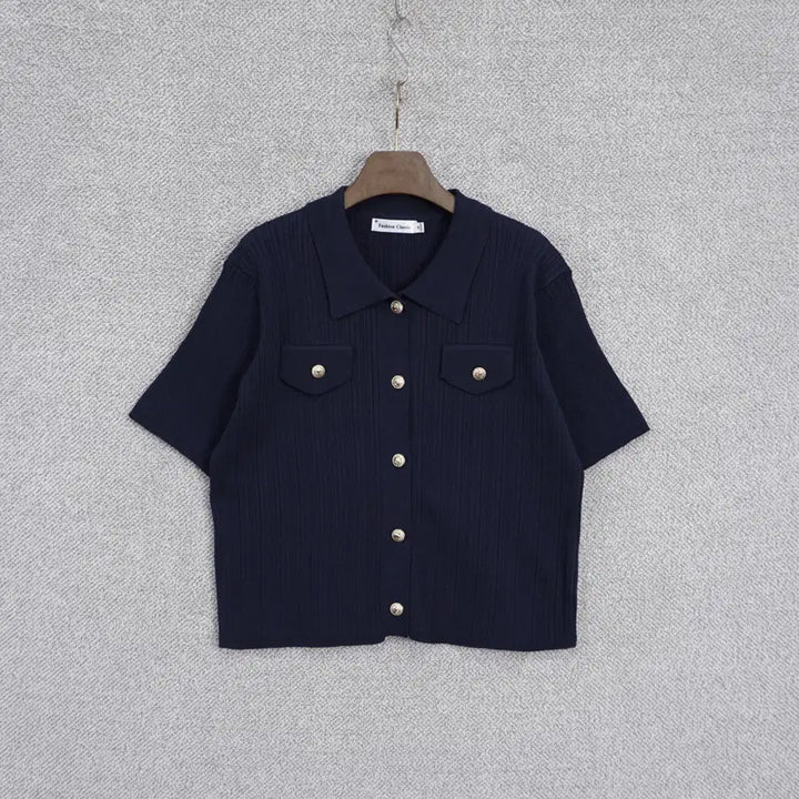 [BUNJANG] Fashion Classic Gold Button Ribbed Knit Top / 패션클래식 여성 골지 금장버튼 반팔 니트 66-77size