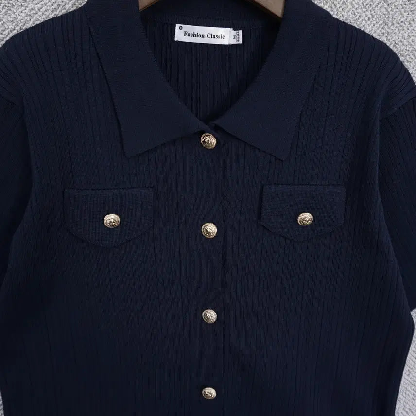 [BUNJANG] Fashion Classic Gold Button Ribbed Knit Top / 패션클래식 여성 골지 금장버튼 반팔 니트 66-77size