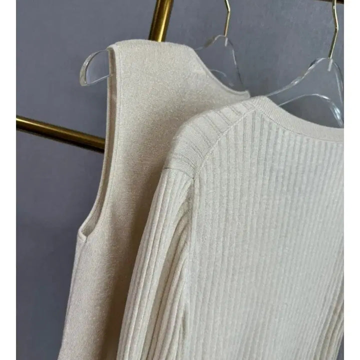 [BUNJANG] Pearl Ribbed V-Neck Cardigan Set / 펄 골지 브이넥 가디건 세트