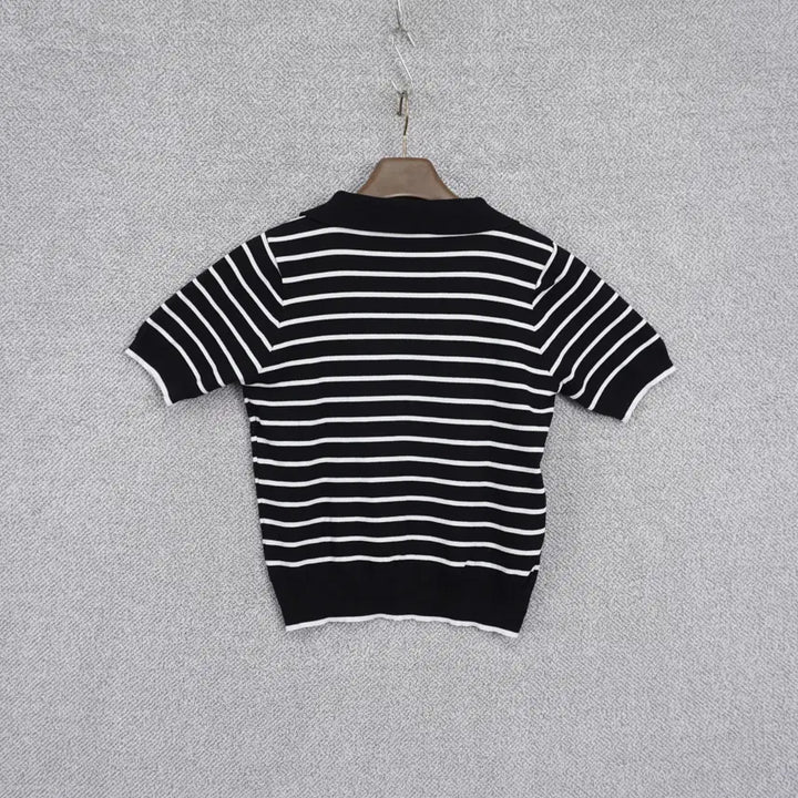 [BUNJANG] Casual Striped Slit-Neck Short-Sleeve Knit Top / 여성 캐주얼 스트라이프 트임넥 반팔 니트 free