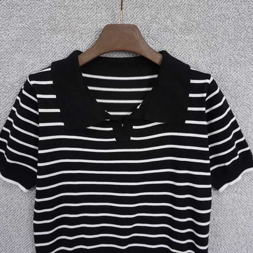 [BUNJANG] Casual Striped Slit-Neck Short-Sleeve Knit Top / 여성 캐주얼 스트라이프 트임넥 반팔 니트 free