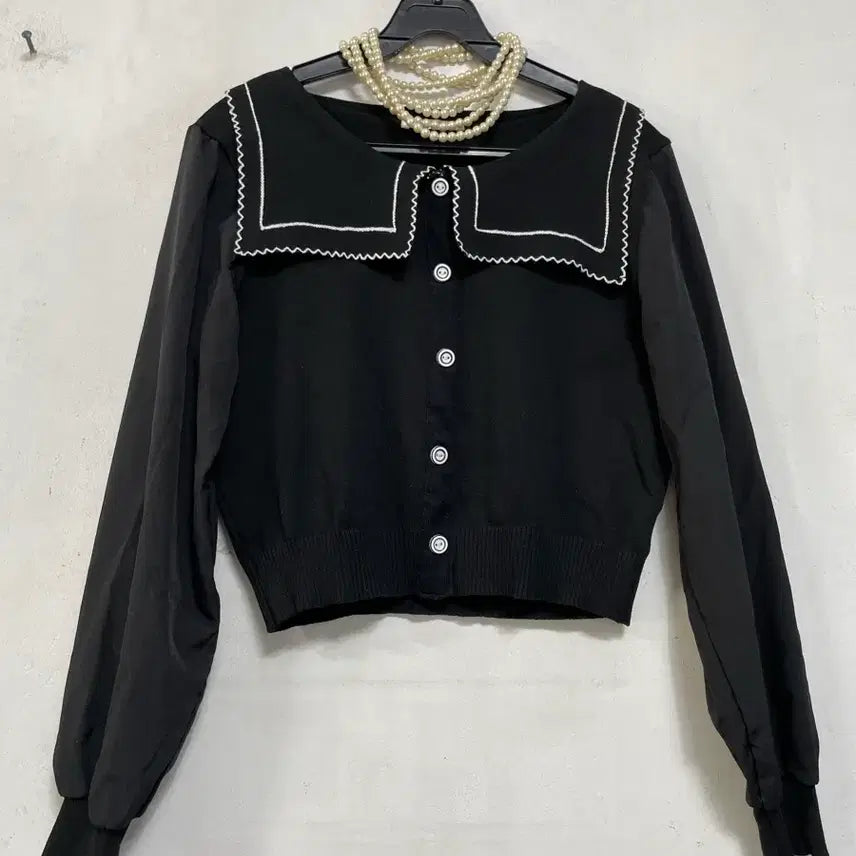 [BUNJANG] N6230 Big Collar Knit Cardigan Crop Top / N6230 빅카라 니트.가디건.퍼프.크롭