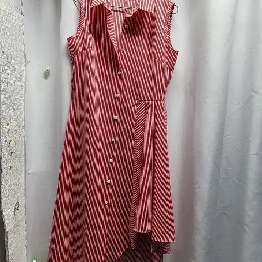 [BUNJANG] Red Stripe Long Shirt Dress / 레드 스트라이프 셔츠형 롱 원피스