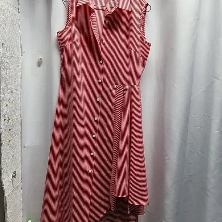 [BUNJANG] Red Stripe Long Shirt Dress / 레드 스트라이프 셔츠형 롱 원피스