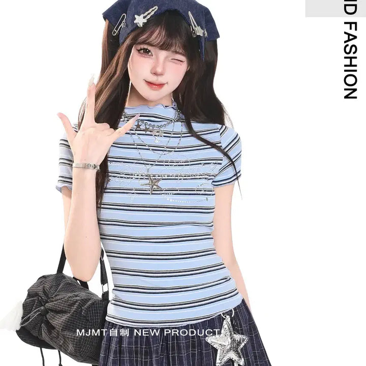 [BUNJANG] MJMT Y2K Rhinestone Slim Fit Striped T-shirt / MJMT y2k 키치 라인스톤 슬림핏 스트라이프 반팔 티셔츠