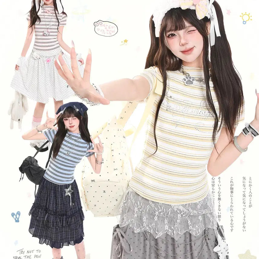 [BUNJANG] MJMT Y2K Rhinestone Slim Fit Striped T-shirt / MJMT y2k 키치 라인스톤 슬림핏 스트라이프 반팔 티셔츠