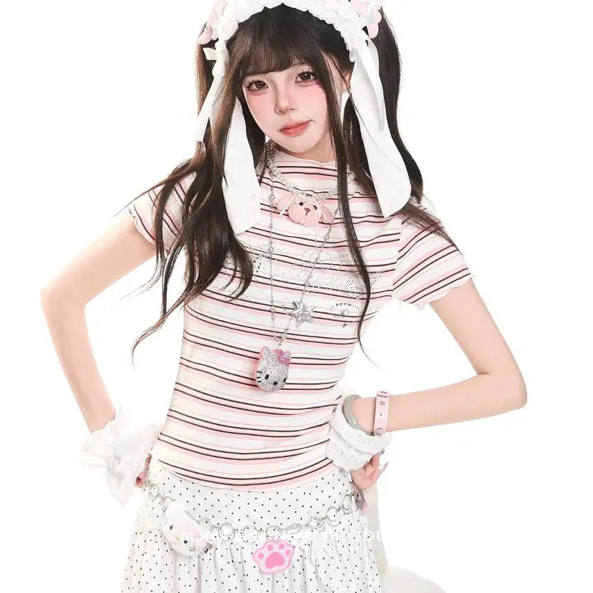 [BUNJANG] MJMT Y2K Rhinestone Slim Fit Striped T-shirt / MJMT y2k 키치 라인스톤 슬림핏 스트라이프 반팔 티셔츠