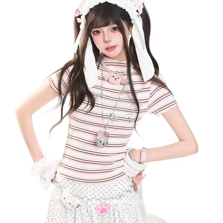 [BUNJANG] MJMT Y2K Rhinestone Slim Fit Striped T-shirt / MJMT y2k 키치 라인스톤 슬림핏 스트라이프 반팔 티셔츠