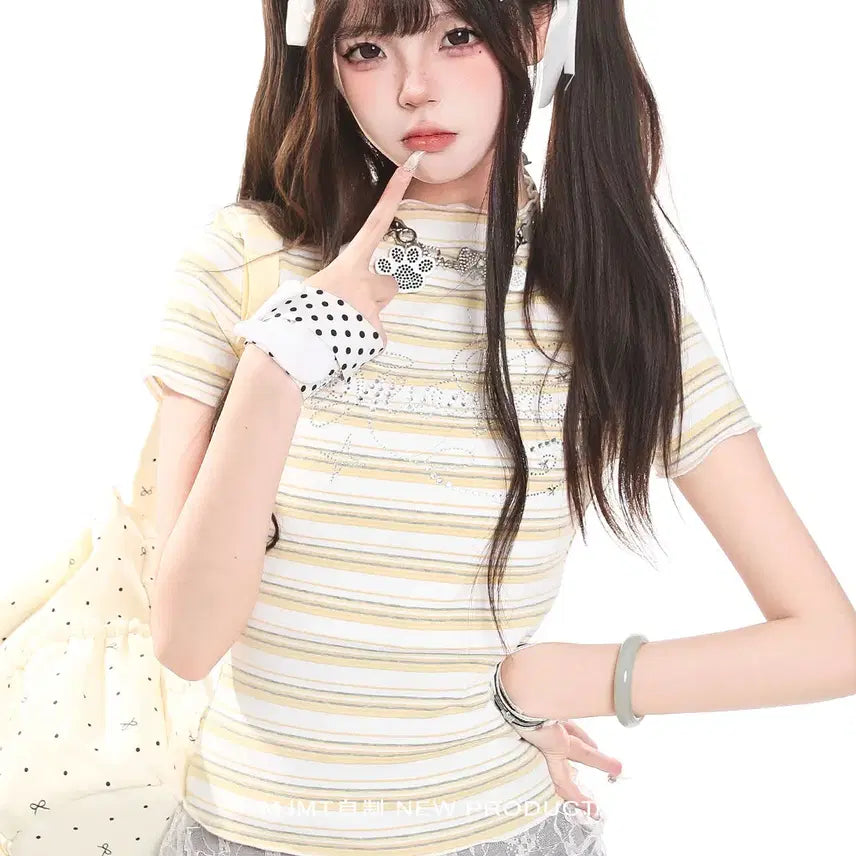 [BUNJANG] MJMT Y2K Rhinestone Slim Fit Striped T-shirt / MJMT y2k 키치 라인스톤 슬림핏 스트라이프 반팔 티셔츠