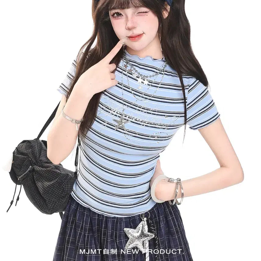 [BUNJANG] MJMT Y2K Rhinestone Slim Fit Striped T-shirt / MJMT y2k 키치 라인스톤 슬림핏 스트라이프 반팔 티셔츠