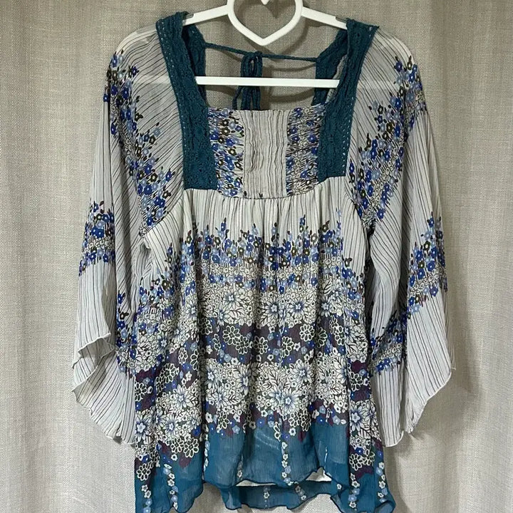 [BUNJANG] Bohemian Square Neck Lace Blouse / 청록 보헤미안 히피 빈티지 스퀘어넥 블라우스