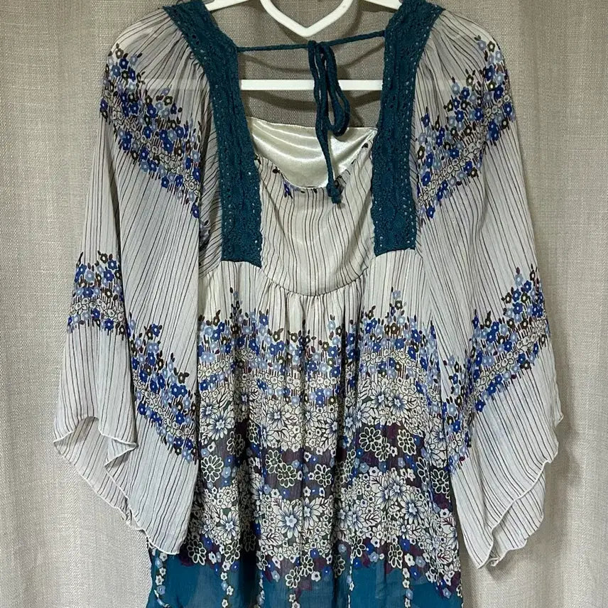 [BUNJANG] Bohemian Square Neck Lace Blouse / 청록 보헤미안 히피 빈티지 스퀘어넥 블라우스