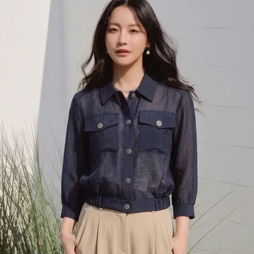 [BUNJANG] Georges Rech Sheer Jacket Blouse 55~66 / 새상품) 네이비 오간자 시스루 셔츠 블라우스 남방 자켓 점퍼 66~77