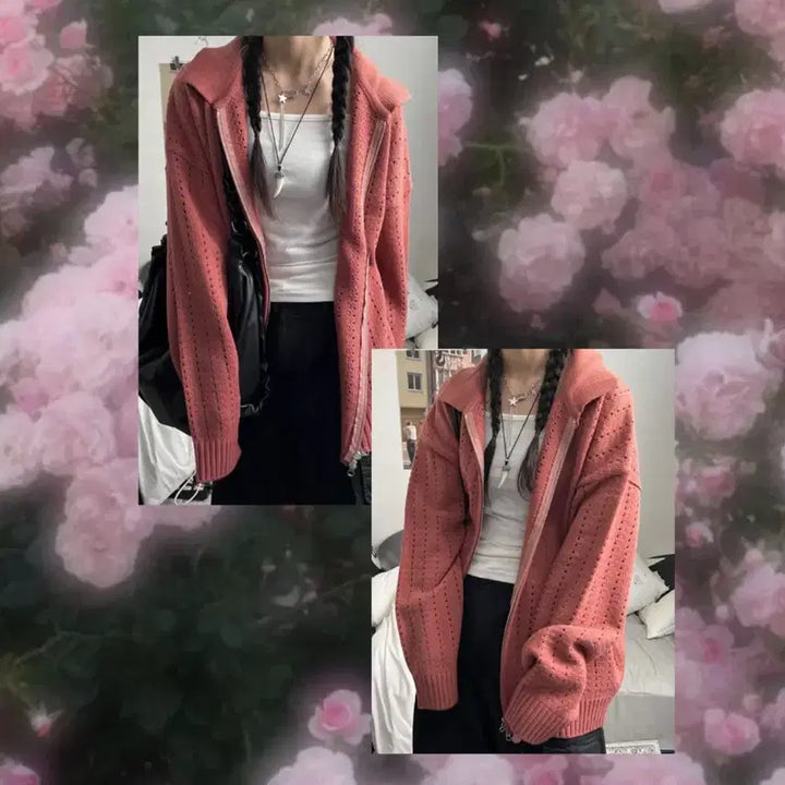 [BUNJANG] Pink Punching Knit Hooded Cardigan / 펀칭 니트 후드 집업 가디건 핑크 에이블리 ( 핑크 )