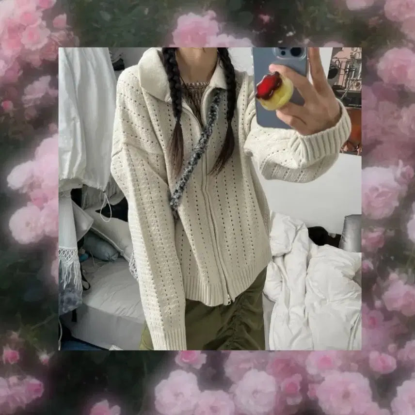 [BUNJANG] Pink Punching Knit Hooded Cardigan / 펀칭 니트 후드 집업 가디건 핑크 에이블리 ( 핑크 )