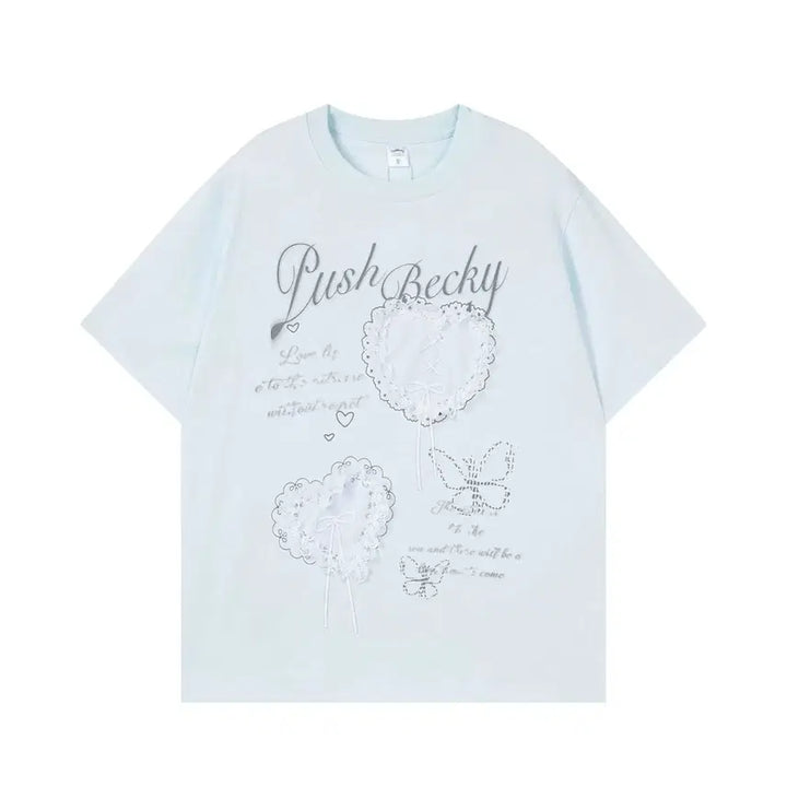 [BUNJANG] MJMT Lace Heart Embroidered Oversized T-Shirt / MJMT 레이스 하트 자수 오버핏 반팔 티셔츠