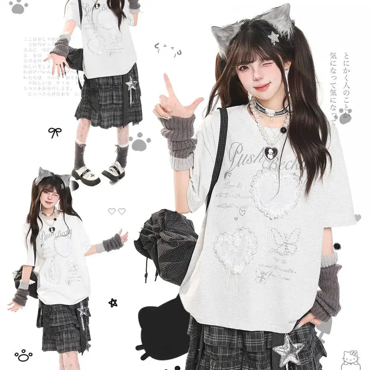 [BUNJANG] MJMT Lace Heart Embroidered Oversized T-Shirt / MJMT 레이스 하트 자수 오버핏 반팔 티셔츠