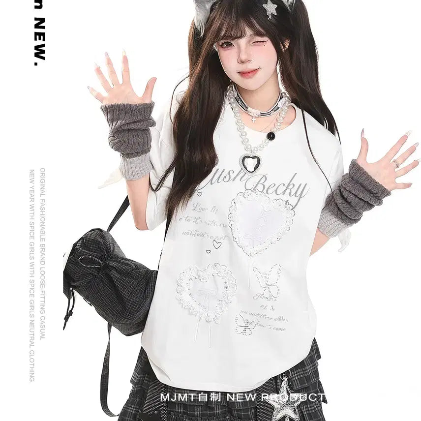 [BUNJANG] MJMT Lace Heart Embroidered Oversized T-Shirt / MJMT 레이스 하트 자수 오버핏 반팔 티셔츠