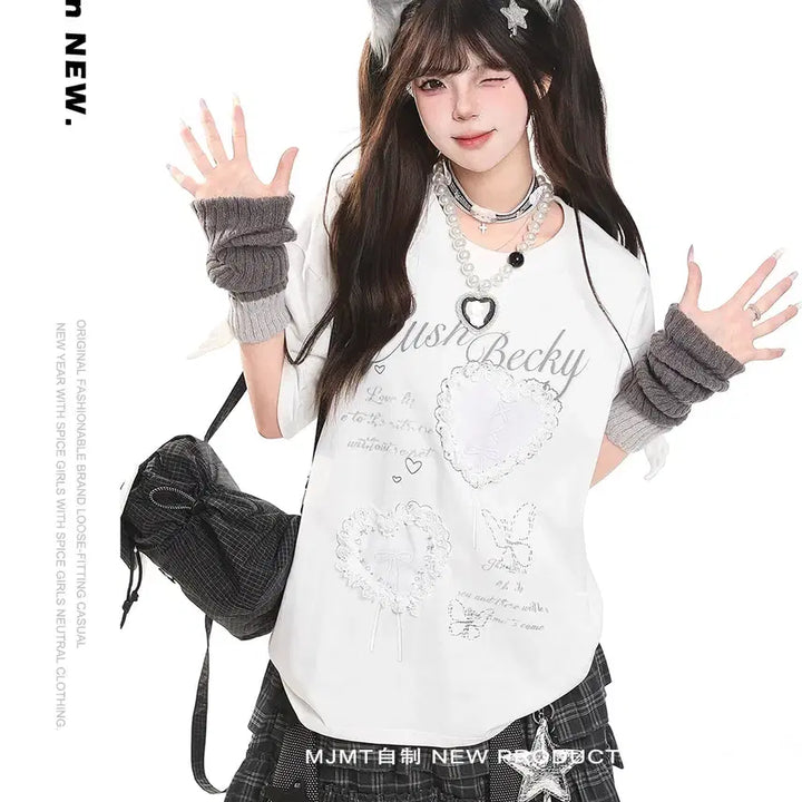 [BUNJANG] MJMT Lace Heart Embroidered Oversized T-Shirt / MJMT 레이스 하트 자수 오버핏 반팔 티셔츠