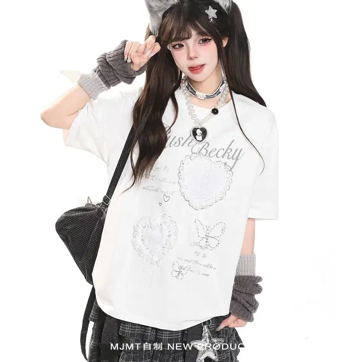 [BUNJANG] MJMT Lace Heart Embroidered Oversized T-Shirt / MJMT 레이스 하트 자수 오버핏 반팔 티셔츠