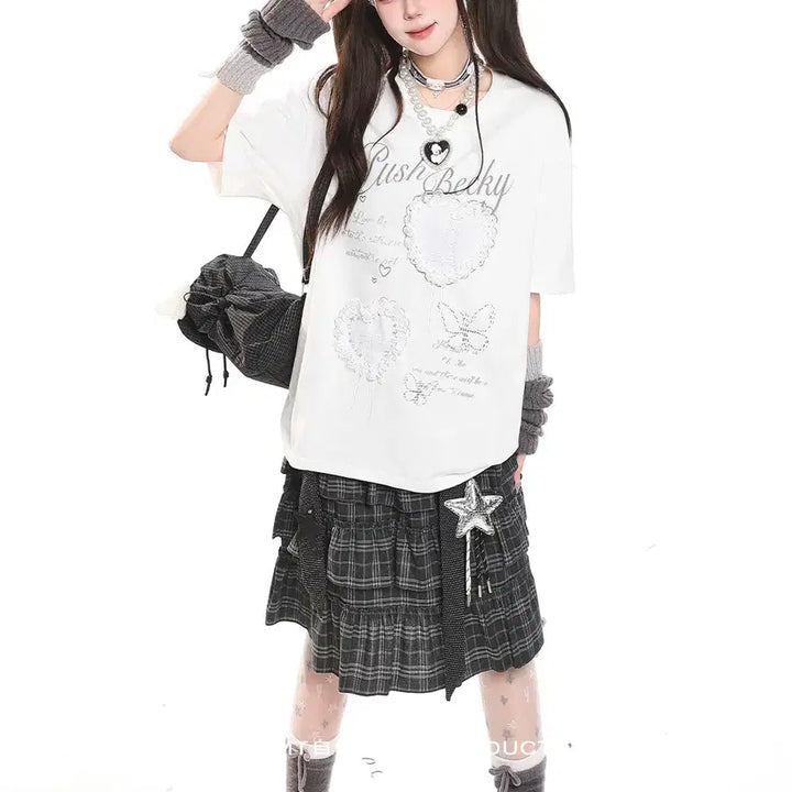 [BUNJANG] MJMT Lace Heart Embroidered Oversized T-Shirt / MJMT 레이스 하트 자수 오버핏 반팔 티셔츠