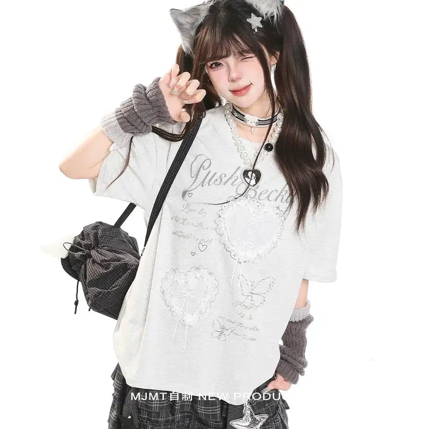 [BUNJANG] MJMT Lace Heart Embroidered Oversized T-Shirt / MJMT 레이스 하트 자수 오버핏 반팔 티셔츠