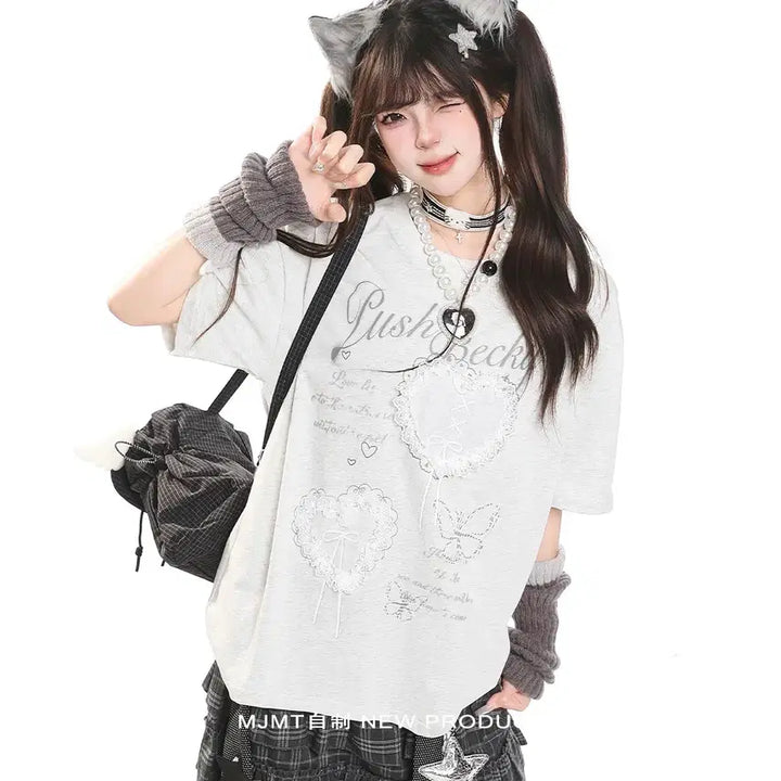 [BUNJANG] MJMT Lace Heart Embroidered Oversized T-Shirt / MJMT 레이스 하트 자수 오버핏 반팔 티셔츠