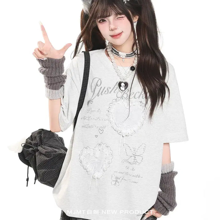 [BUNJANG] MJMT Lace Heart Embroidered Oversized T-Shirt / MJMT 레이스 하트 자수 오버핏 반팔 티셔츠