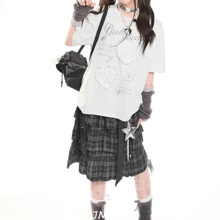 [BUNJANG] MJMT Lace Heart Embroidered Oversized T-Shirt / MJMT 레이스 하트 자수 오버핏 반팔 티셔츠